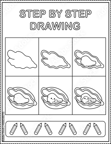 Clam. Book page  drawing step by step. Black and white vector coloring page.