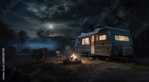 Beautiful view of motorhome outdoors at night. Summer camping. © Ruslan Gilmanshin