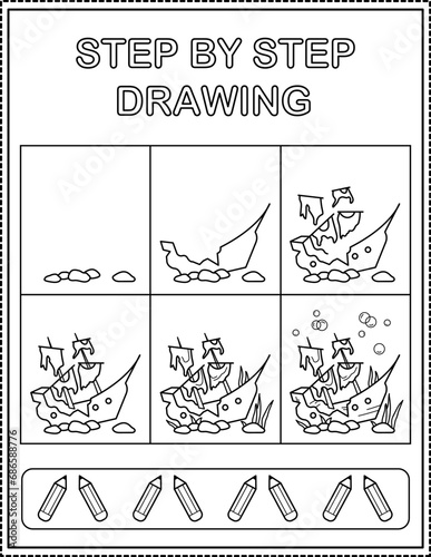 Shipwreck. Book page, drawing step by step. Black and white vector coloring page.