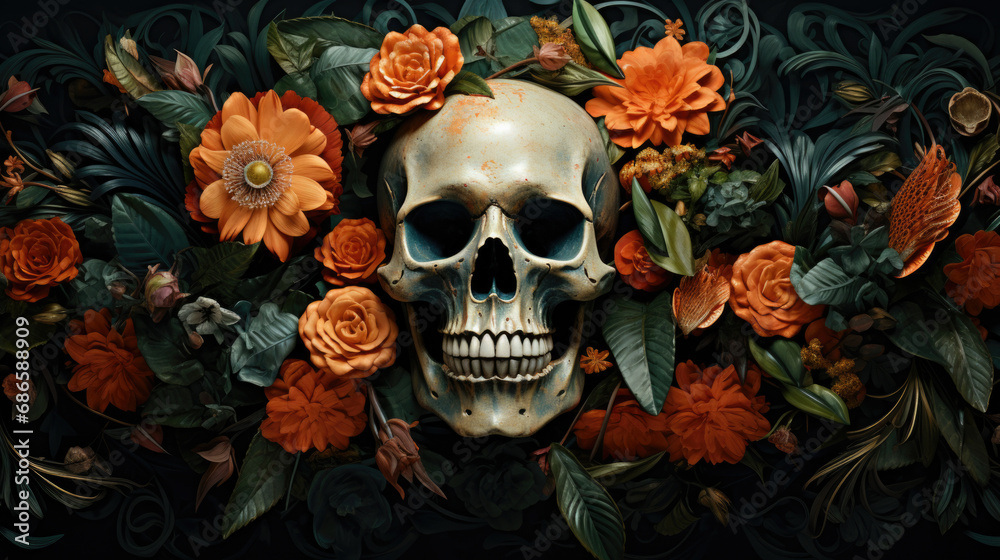 Skull with plants on black background. Skull with plants on black background.