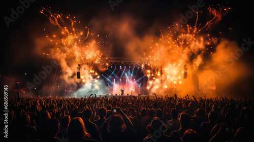 Crowded concert festival with scene stage orange and yellow lights with colorful smoke rock show 
