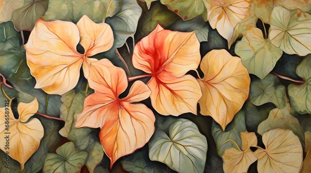 custom made wallpaper toronto digitalwallpaper ,Wall art , gold, green, big leaves pattern, water color, oil painting, abstract golden texture background