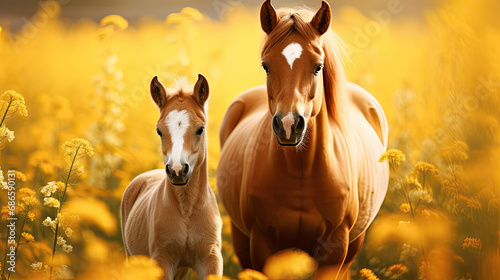 three horses in the field  of yellow flowerr © Planetz