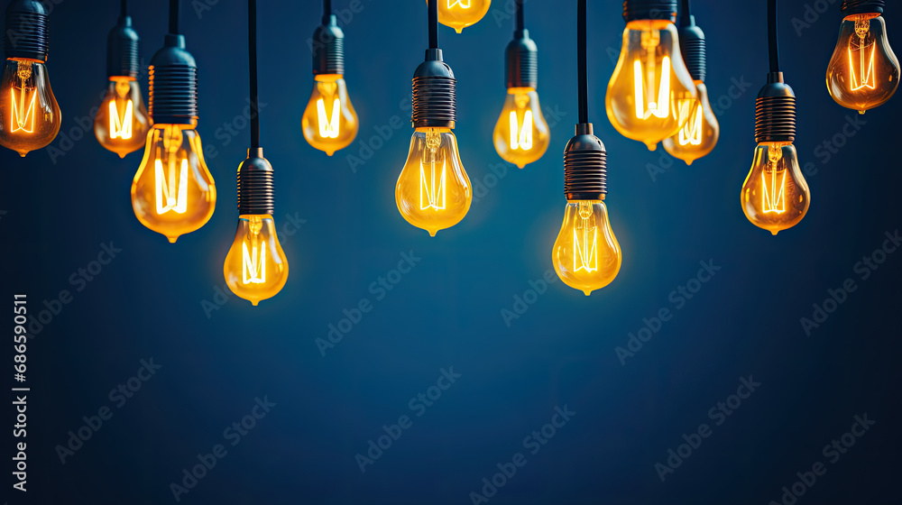 A row of light bulbs hanging from a blue wall, is a creative image perfect for marketing campaigns, interior design ideas, and business concepts related to innovation and creativity. A row of light bulbs hanging from a blue wall, is a creative image perfect for marketing campaigns, interior design ideas, and business concepts related to innovation and creativity.