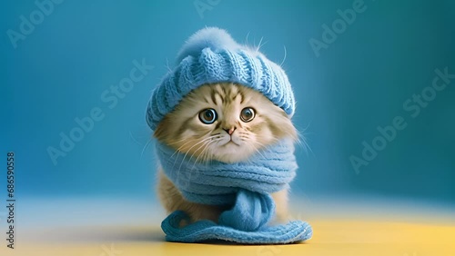 Cute kitten wearing a scarf and warm hat. Generative Ai	
 photo
