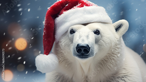 White polar bear in santa claus hat