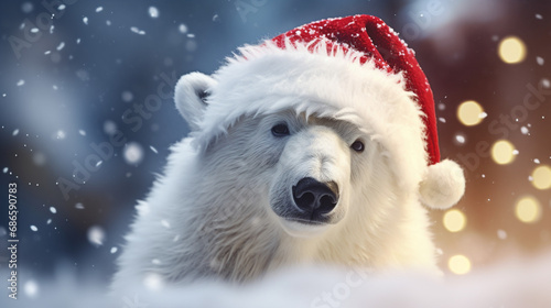 White polar bear in santa claus hat