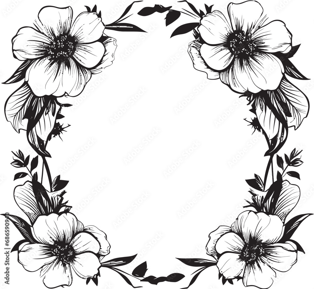 Chic Bloom Enclosure Decorative Flower Icon Whimsical Petal Boundary Black Frame Design