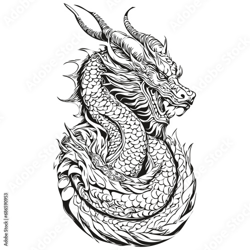 chinese Dragon Silhouette New Year 2024 Hand Drawn Illustration, black white isolated Vector ink outlines template for greeting card, poster, invitation