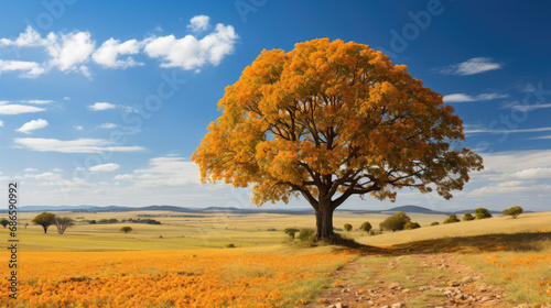 autumn landscape with tree and blue sky, Majestic Walnut Tree: A towering walnut tree in the midst of a golden autumn landscape,