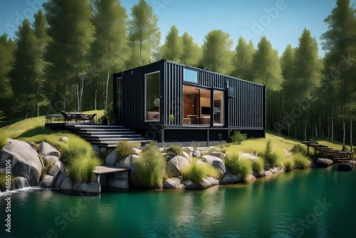 Describe the thermal efficiency and insulation features of a modern shipping container house, ensuring comfort in all seasons by the lake © Abdul