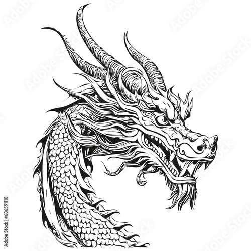 chinese Dragon Year 2024 Sketch Silhouette Drawing, black white isolated Vector ink outlines template for greeting card, poster, logo, invitation