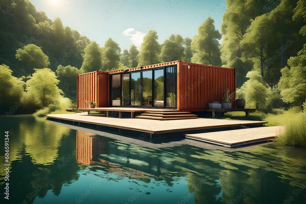 Write about the architectural creativity involved in designing a shipping container house that complements the natural surroundings of a lake - obrazy, fototapety, plakaty 
