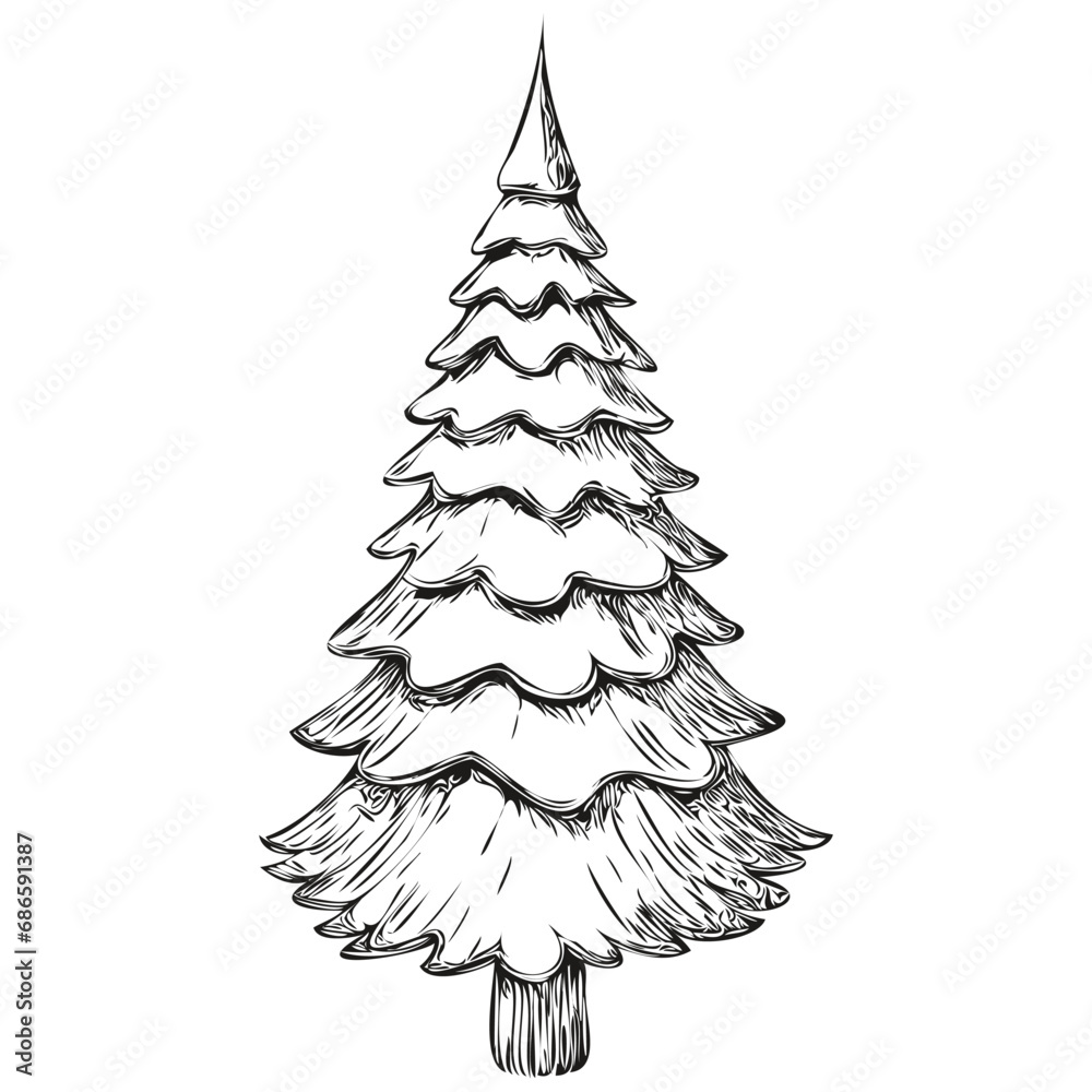 Christmas Tree Line Art Hand Drawn Sketch in Vintage Style, Artistic ...