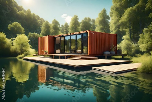 Write about the architectural creativity involved in designing a shipping container house that complements the natural surroundings of a lake © Abdul