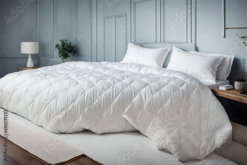 Write about the soothing visual impact of a white folded duvet against a backdrop of muted bedroom tones
