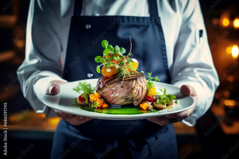 cropped view of Chef in restaurant holding a plate of beef tenderloin steak and fresh ingredients