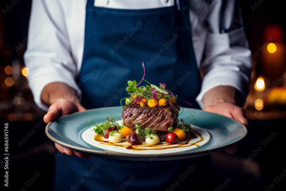 cropped view of Chef in restaurant holding a plate of beef tenderloin steak and fresh ingredients