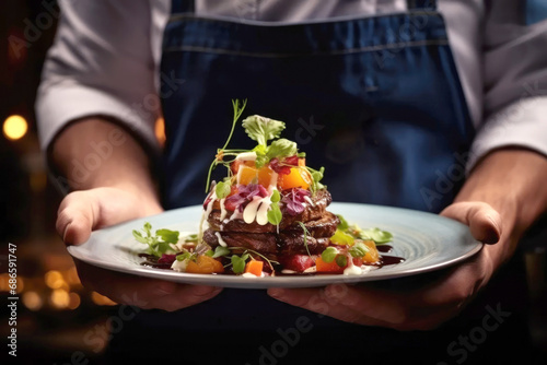 cropped view of Chef in restaurant holding a plate with a piece of meat and salad