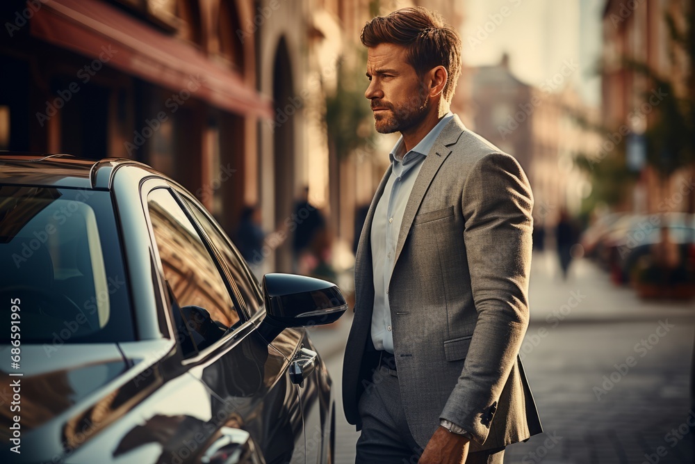 Half-length portrait of young handsome Caucasian man wearing trendy suit outdoors. Stylish businessman in white shirt and grey suit standing at luxury car in a city street. Confident male entrepreneur Half-length portrait of young handsome Caucasian man wearing trendy suit outdoors. Stylish businessman in white shirt and grey suit standing at luxury car in a city street. Confident male entrepreneur