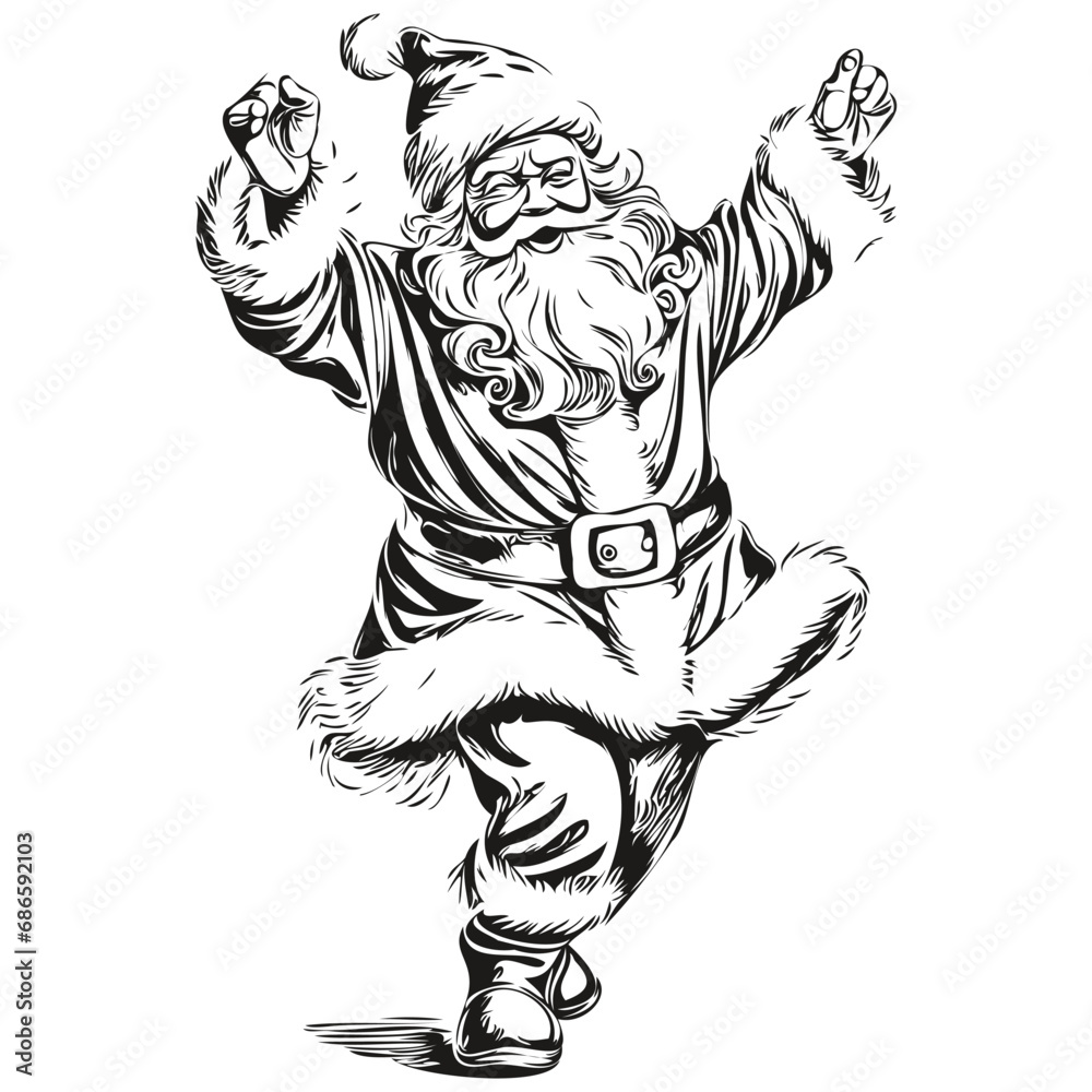 Obraz premium Santa Claus Hand-Drawn Cartoon Sketch Festive Christmas Illustration, Detailed Vintage Style, black white isolated Vector ink outlines template for greeting card, poster, invitation, logo