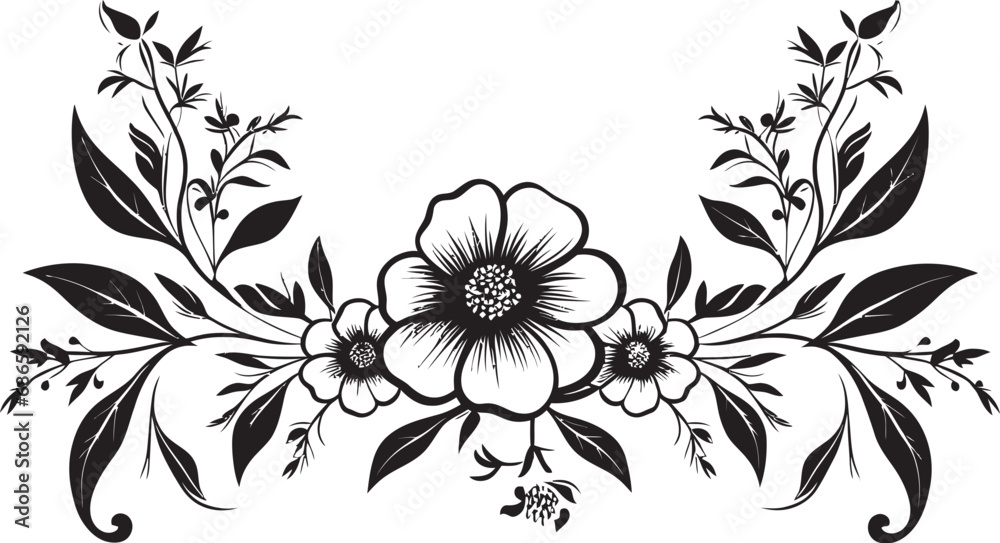 Dynamic Noir Blossom Embrace Black Frame Design Chic Ebony Floral Borderline Vector Emblem