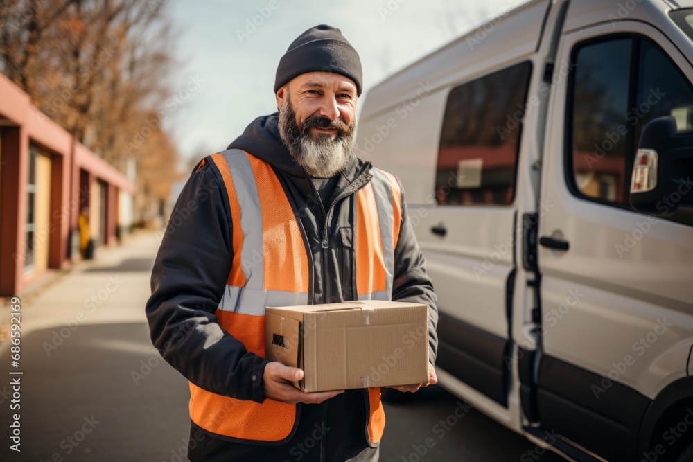 Close-up portrait of male delivery courier with cardboard box in a city street. Smiling positive Caucasian man delivering parcel to a client. Logistic and delivery concept.