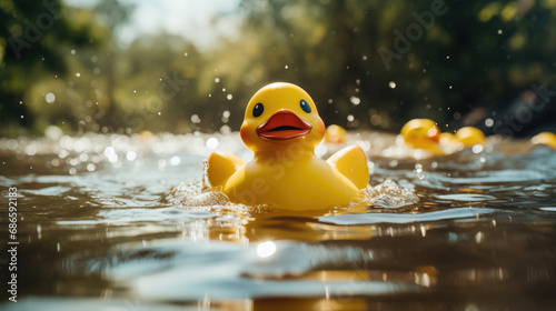 Yellow rubber ducky toy in the river, rubber duck in water,  photo
