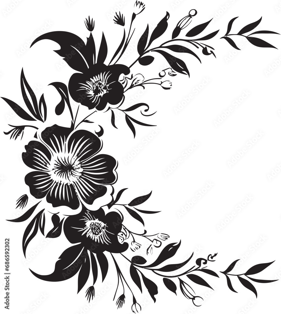Whimsical Ebony Flowered Boundary Vector Design Majestic Midnight Petal Silhouette Black Border Emblem