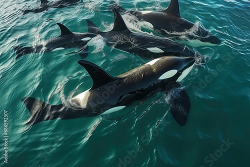 A flock of killer whales swim in the Pacific Ocean against the backdrop of mountains  close-up. Animal wildlife nature aerial shot  natural background.