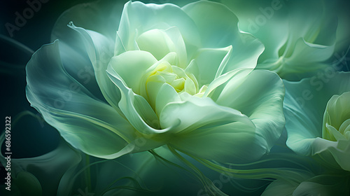 blue and white flower, flower, nature, green, spring, plant, beauty, petals, blossom, petal, flora, closeup, bloom, garden, drops, beautiful, dew, Abstract green flower illustration as panorama © Micro