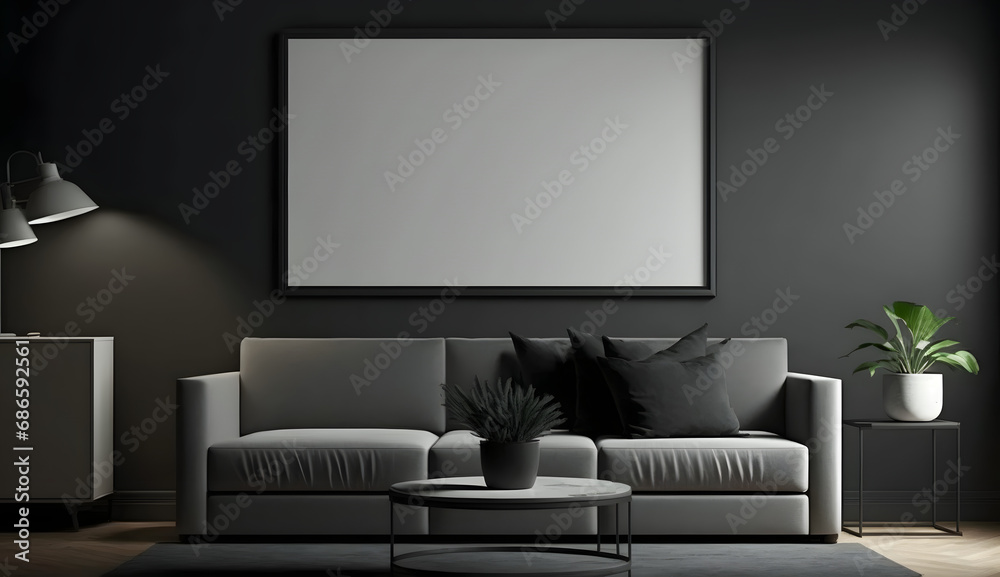 Blank horizontal poster frame mock up in minimal Dark style living room interior, modern living room interior background. generative ai. - obrazy, fototapety, plakaty 