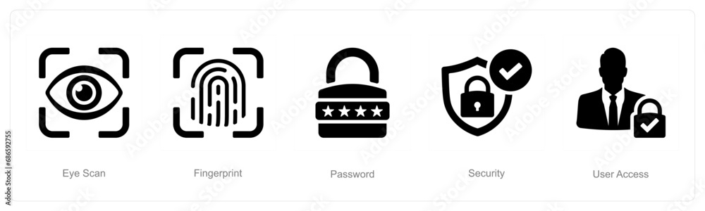 A set of 5 Cyber Security icons as eye scan, fingerprint, password A set of 5 Cyber Security icons as eye scan, fingerprint, password