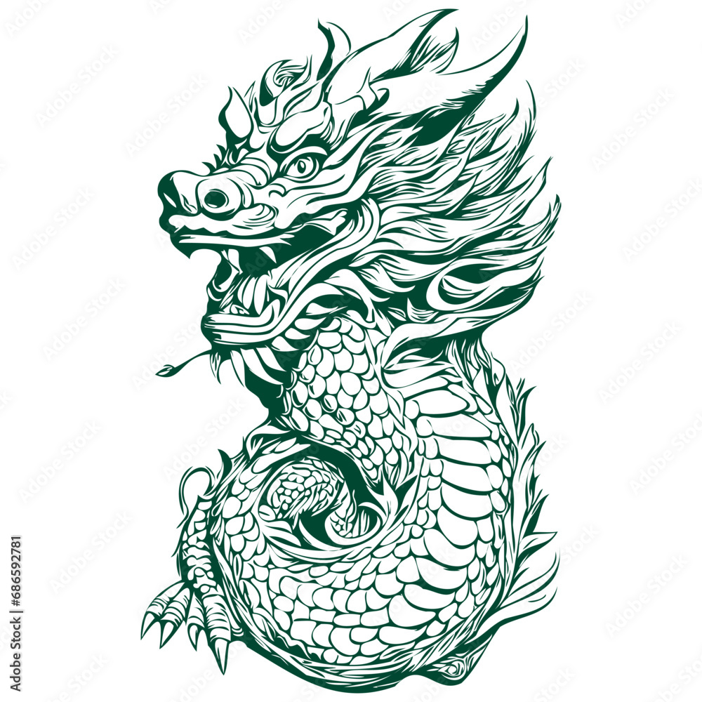 Year of the Green Wood Dragon Sketch Drawing for 2024 New Year Celebration, black white isolated Vector ink outlines template for greeting card, poster, invitation, logo