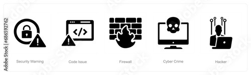 A set of 5 Cyber Security icons as security warning, code issue, firewall