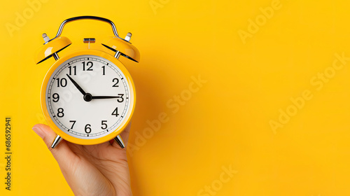 person holding alarm clock, Hand holding alarm clock isolated on yellow background