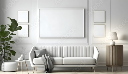 Blank horizontal poster frame mock up in minimal Scandinavian white style living room interior, modern living room interior. generative ai. © raza