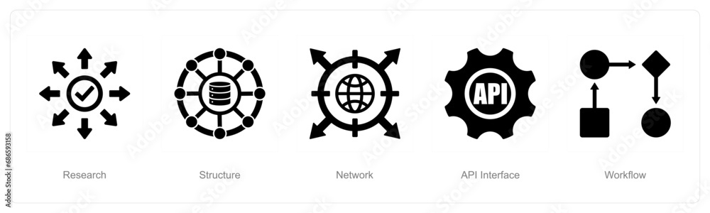 A set of 5 Data analysis icons as research, structure, network A set of 5 Data analysis icons as research, structure, network