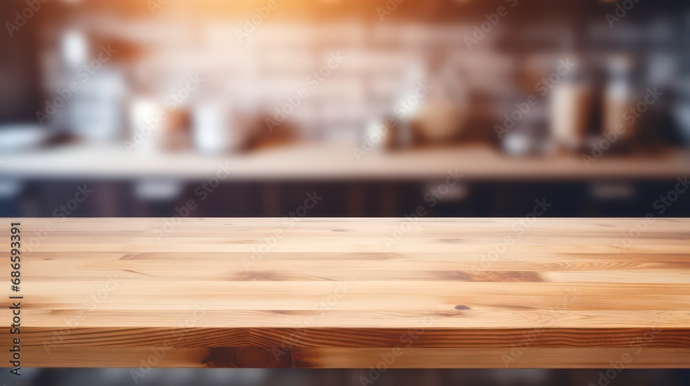 Wooden table top on blur kitchen counter in blur kitchen with blur kitchen background kitchen room