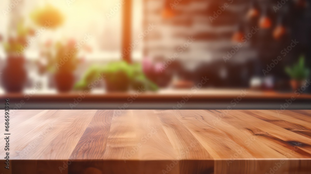 Wooden table top on blur kitchen counter in blur kitchen with blur kitchen background kitchen room