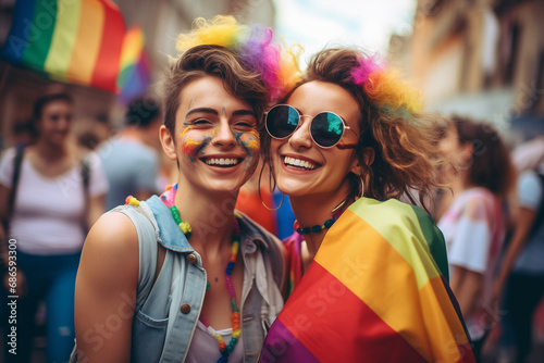 Lovely laughing female gay couple having fun at the LGBTQI pride parade
