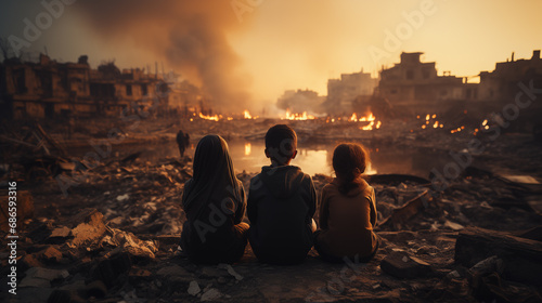 Rear view of a group of people sitting on the ground and watching the fire of war