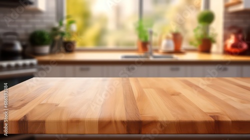 Wooden table top on blur kitchen counter in blur kitchen with blur kitchen background kitchen room © ASA Creative