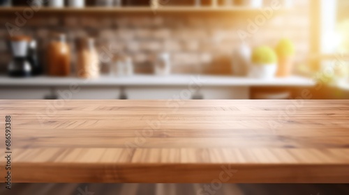 Wooden table top on blur kitchen counter in blur kitchen with blur kitchen background kitchen room
