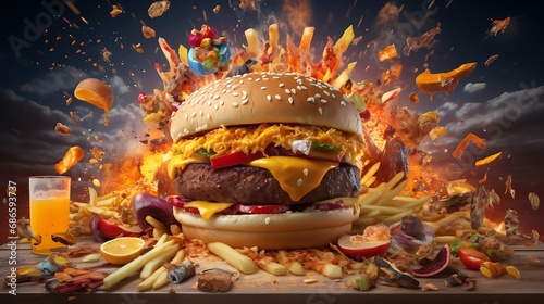 Fast food explosion with fries  burgers  pizza. AI Generative