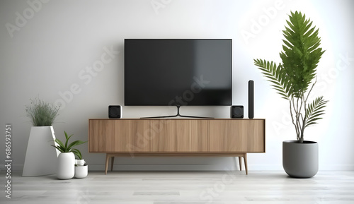 Television put on tv stand wood table, in minimal empty space livingroom room background white wall. generative ai.