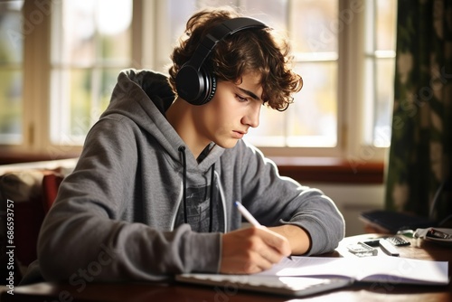Serious student guy in headphones sits at table at home writing in copybook, he listening to educational podcast and takes notes new information, preparing for exams using tech.