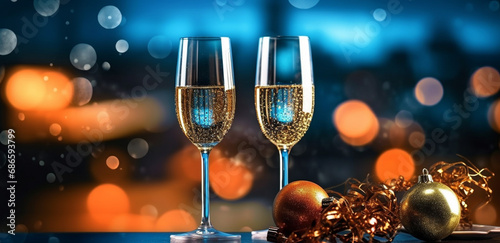 backdrop with Christmas ornaments and champagne glasses with sparkling lights