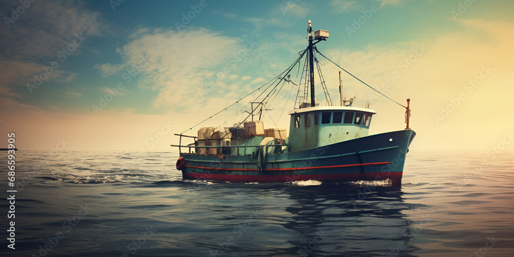 Wooden fishing boat on water at mountains, scenery of sea bay or lake, A boat with a red stripe is sailing in the ocean. Deep Sea Trawler, Sailboat in the sea in the evening sunlight over beautiful,  