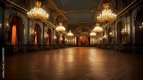interior of a historic palace, luxury corridor with a large window and gold ornament. long shot palace hall.